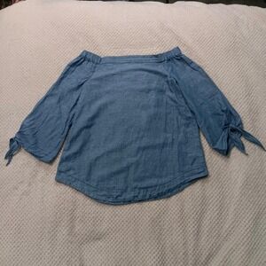 Free People Chambray‎ Linen Blend Top Off Shoulder Tunic Tie Sleeve Sz Sm Boho